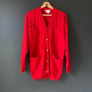 Henry Bendel Red Merino Wool Pocket Button Cardigan Sz Small